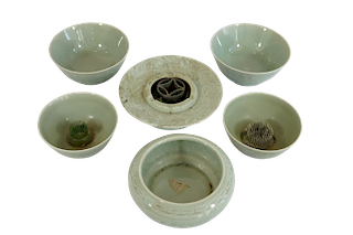 Chinese Celedon Glazed Ceramic Planters, Six 