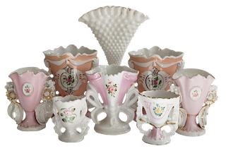 Seven Paris Porcelain Flower Vases and Milk Glass Vase 