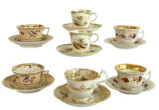 Seven Teacups and Saucers, Paris Porcelain & Spode 