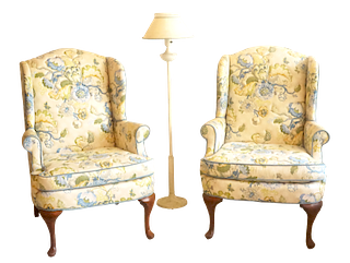 Two floral Wingback Chairs and Floor Lamp