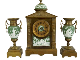 French Champleve Enamel Mantle Clock with Wedgwood Panels & Urns 
