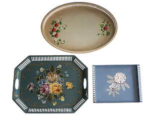 Set of Three Tole Trays with Painted Flower Decoration