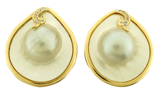 Fourteen Karat Yellow Gold Mabe Blister Pearl and Diamond Earrings