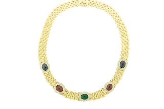 Fourteen Karat Yellow Gold Ruby, Emerald, Sapphire and Diamond Necklace