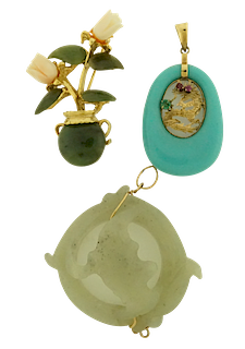 Jade and Turquoise Pendants and Jade and Coral Brooch