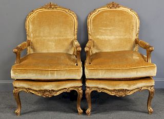 Pair of Louis XV Style Finely Carved Upholstered