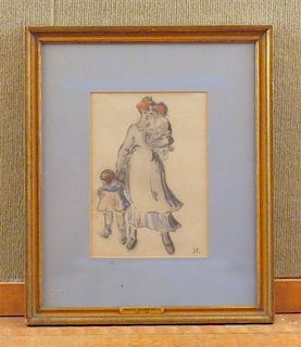 Theophile Alexandre Steinlen Woman with Two Small Children Pencil &amp; Watercolor on Paper