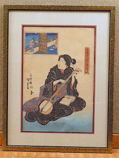 Asian Lady Playing Shamisen Watercolor on Paper Painting