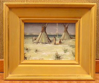 Christopher Willett Native American Indian Camp Oil Landscape Painting
