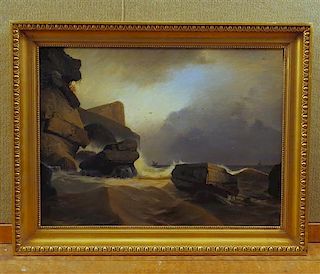 Oil on Canvas Water Crushing Against the Rocks Landscape Painting