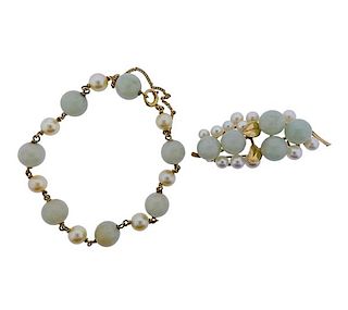 Ming 14k Gold Jade Pearl Bracelet Brooch Lot 