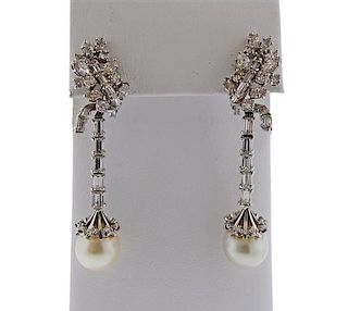 Mid Century 18k Gold Pearl Diamond Cocktail Earrings 