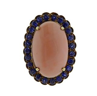 14k Gold Coral Blue Stone Ring 
