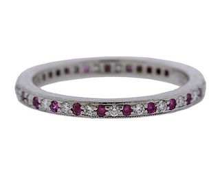 Tiffany &amp; Co Pink Sapphire Diamond Platinum Eternity Wedding Band Ring