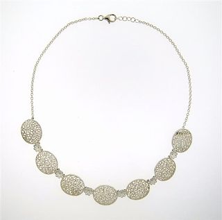 Buccellati Filidoro Sterling Silver Openwork Floral Oval Station Necklace