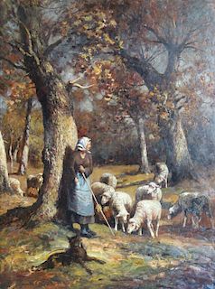 UNSIGNED Oil On Canvas Of Sheep Herder .