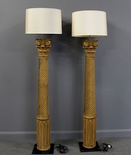 Pair of Carved Wood Column Form Lamps