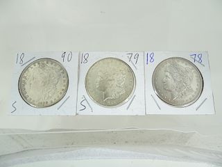 3 Blast White Gem Morgan Silver Dollars 1878 , 1879 ,1890S