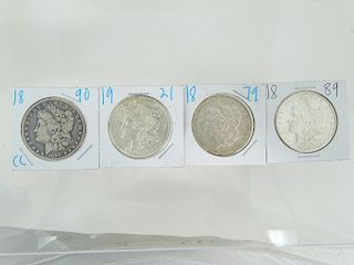 Lot Of 4 Morgan Silver Dollars Including 1890 CC 1921,1879,1889