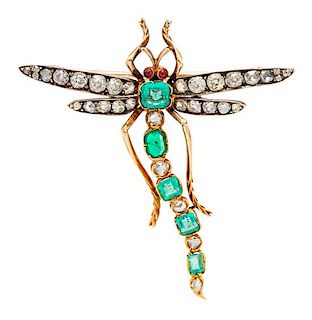 An Antique Yellow Gold, Silver, Diamond, Emerald and Glass Dragonfly Brooch, 5.80 dwts.