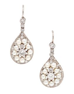 A Pair of Platinum, Rose Gold, Diamond and Cultured Pearl Earrings, 4.60 dwts.