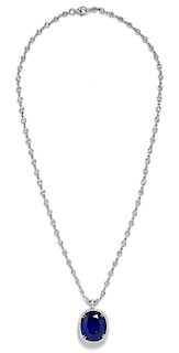 A Platinum, White Gold, Sapphire and Diamond Pendant/Necklace, 10.70 dwts.
