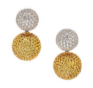 A Pair of Bicolor Gold, Diamond and Yellow Sapphire Convertible Earrings,