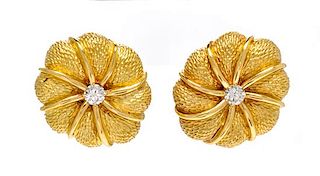 A Pair of 18 Karat Yellow Gold and Diamond Flower Earclips, Tiffany & Co., Italy, 17.90 dwts.
