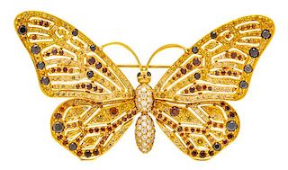 An 18 Karat Yellow Gold, Diamond and Colored Diamond Butterfly Brooch, Jean Vitau, 14.20 dwts.