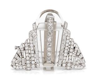 An Art Deco Platinum, White Gold, Rock Crystal and Diamond Convertible Dress Clip/Earclips, 19.70 dwts.