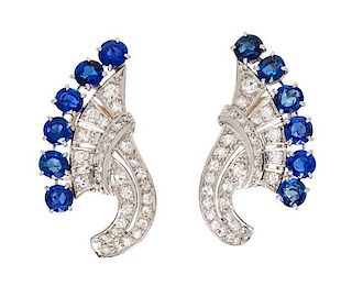 A Pair of Vintage Platinum, Sapphire and Diamond Earclips, 8.60 dwts.