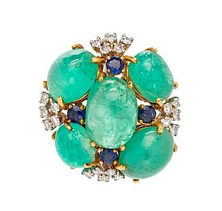 A Bicolor Gold, Emerald, Sapphire, and Diamond Cluster Brooch, 7.00 dwts.