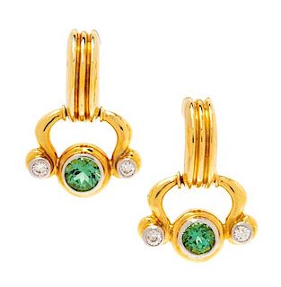 A Pair of 18 Karat Yellow Gold, Green Tourmaline and Diamond Earrings, Susan Berman, 14.80 dwts.