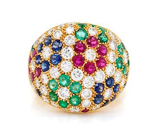 An 18 Karat Yellow Gold, Diamond, Ruby, Sapphire and Emerald, Ring, Stefan Hafner, 8.70 dwts.