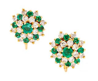 A Pair of 18 Karat Yellow, Emerald and Diamond Earclips, Tiffany & Co., 5.70 dwts.
