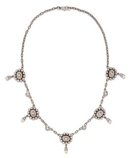 An 18 Karat White Gold, Diamond, and Cultured Pearl Necklace, Doris Panos, Circa 1993, 17.50 dwts.
