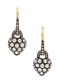 A Pair of Black Rhodium, Yellow Gold and Diamond Heart Earrings, Norman Covan, 3.80 dwts.