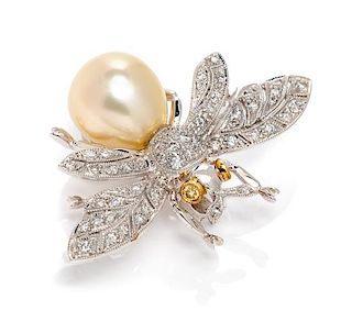 An 18 Karat Bicolor Gold, Cultured South Sea Pearl, Diamond and Colored Diamond Bee Pendant/Brooch, 4.90 dwts.