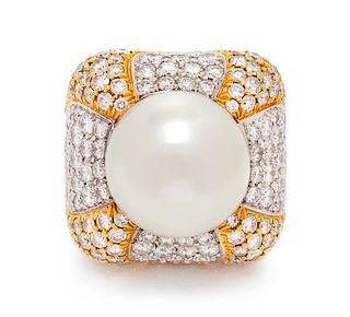 An 18 Karat Yellow Gold, Platinum, Cultured Pearl and Diamond Ring, 18.00 dwts.