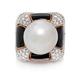 A Platinum, Yellow Gold, Cultured South Sea Pearl, Diamond and Enamel Ring, Montreaux, 24.30 dwts.