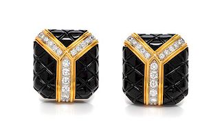 A Pair of 18 Karat Yellow Gold, Diamond and Onyx Earclips, Montreaux, 30.40 dwts.