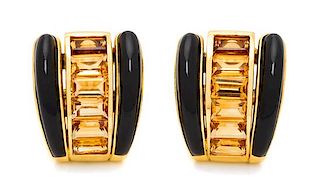A Pair of 18 Karat Yellow Gold, Citrine and Onyx Earclips, Sabbadini, 14.90 dwts.