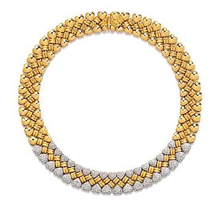 An 18 Karat Bicolor Gold and Diamond Heart Motif Collar Necklace, 99.20 dwts.