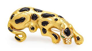 An 18 Karat Yellow Gold, Diamond, Onyx and Emerald Leopard Pendant/Brooch, Vendorafa, 21.80 dwts.