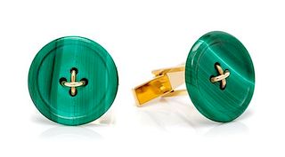 A Pair of Yellow Gold and Malachite Button Motif Cufflinks, 6.40 dwts.