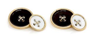 A Pair of Yellow Gold and Polychrome Enamel Button Motif Cufflinks, 8.00 dwts.