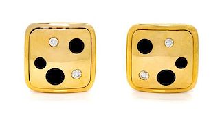 A Pair of 18 Karat Yellow Gold, Diamond and Onyx Earclips, Michael Bondanza, 16.90 dwts.