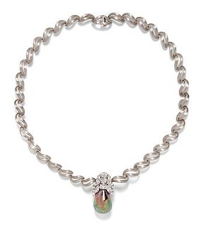 A Platinum, Cultured Baroque Tahitian Pearl and Diamond Necklace, Henry Dunay, 66.00 dwts.