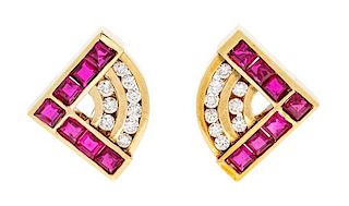 A Pair of 14 Karat Yellow Gold, Ruby and Diamond Earclips, 8.80 dwts.