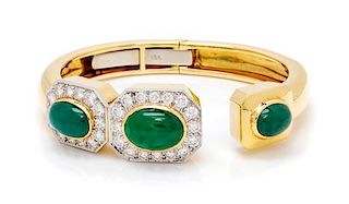 An 18 Karat Yellow Gold, Platinum, Emerald and Diamond Bangle Bracelet, 33.60 dwts.
